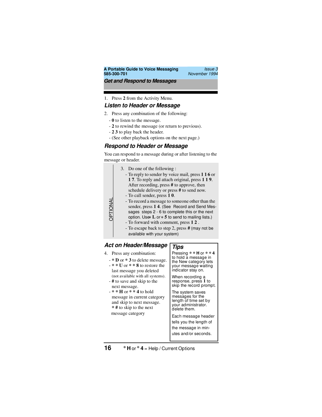 Lucent Technologies 585-300-701 manual Listen to Header or Message, Respond to Header or Message, Act on Header/Message 