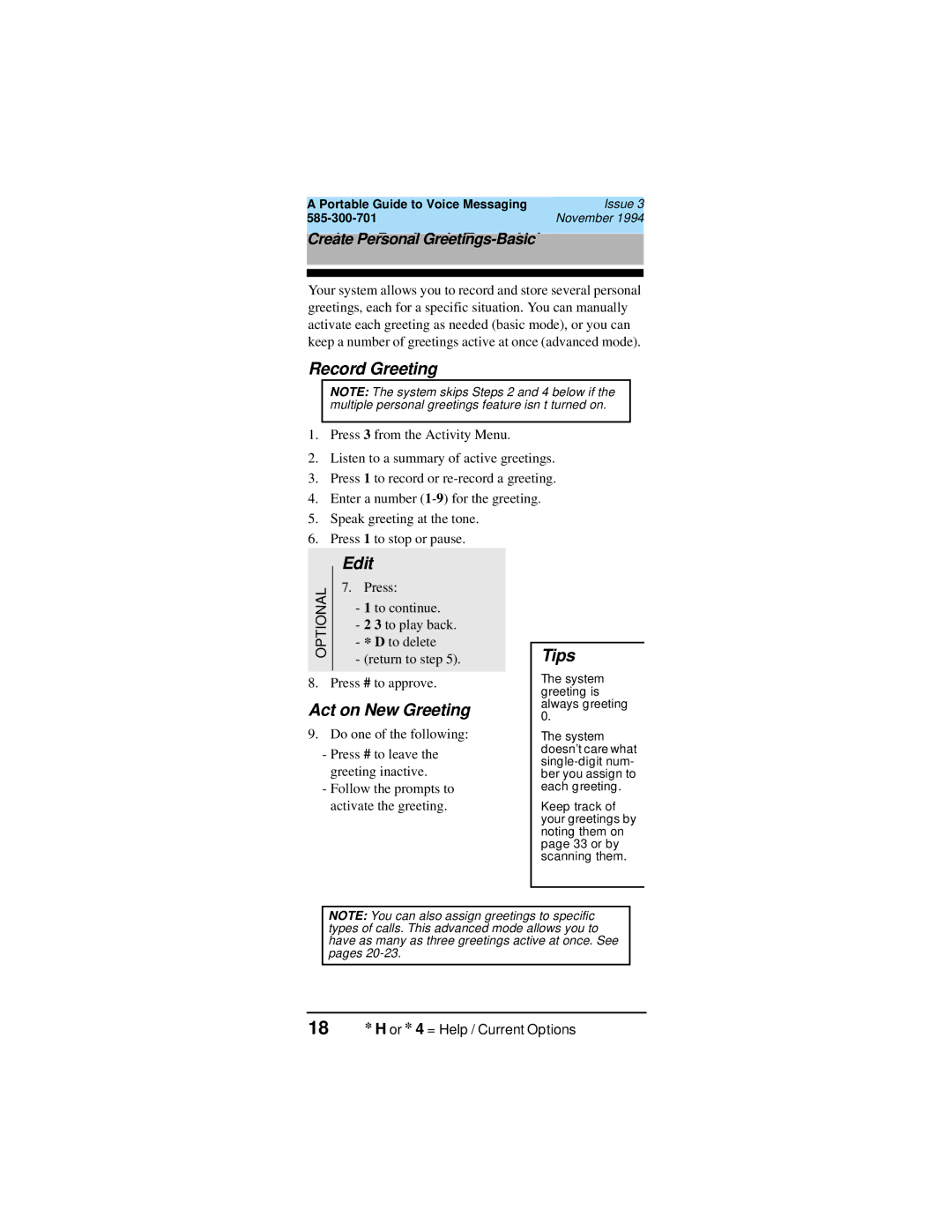 Lucent Technologies 585-300-701 manual Record Greeting, Edit, Act on New Greeting, 18 * H or * 4 = Help / Current Options 