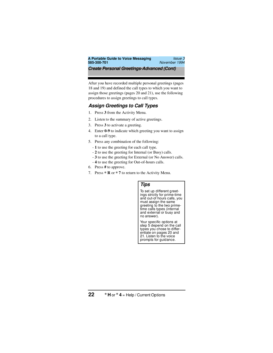 Lucent Technologies 585-300-701, 107395352 manual Assign Greetings to Call Types, 22 * H or * 4 = Help / Current Options 