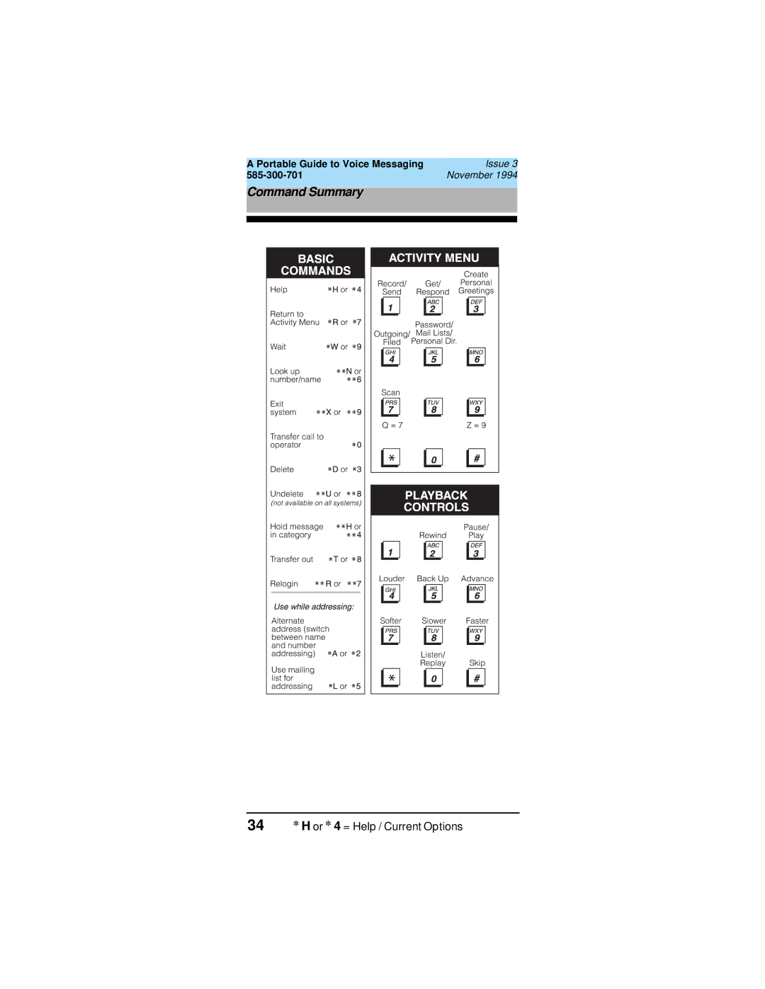 Lucent Technologies 585-300-701, 107395352 manual Command Summary, 34 * H or * 4 = Help / Current Options 