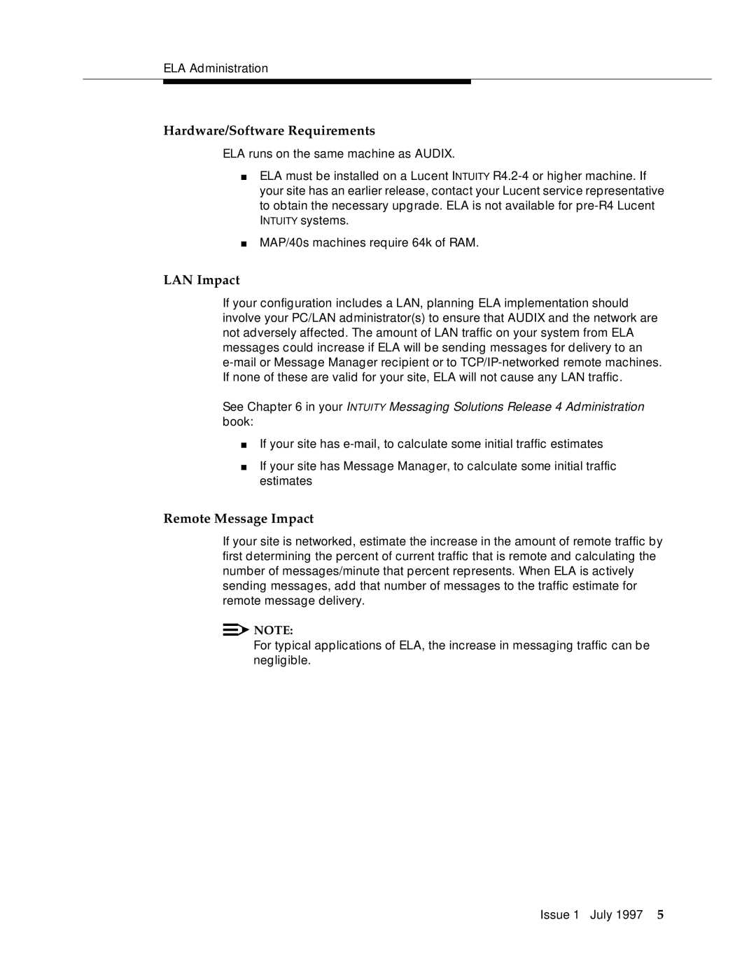 Lucent Technologies 585-310-575 manual Hardware/Software Requirements, LAN Impact, Remote Message Impact 