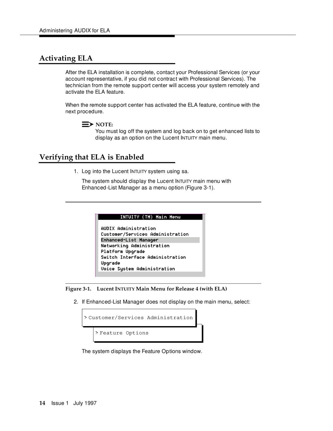 Lucent Technologies 585-310-575 manual Activating ELA, Verifying that ELA is Enabled 