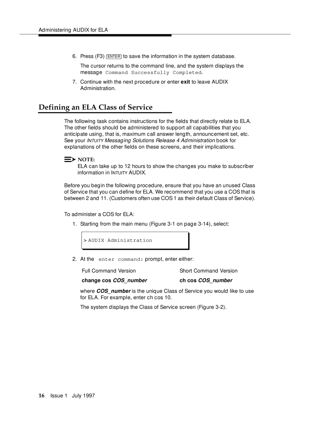 Lucent Technologies 585-310-575 manual Defining an ELA Class of Service, Ch cos COSnumber 