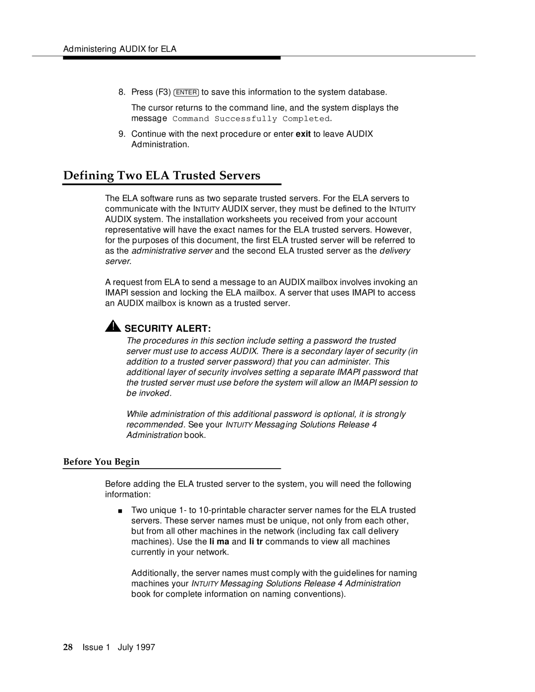 Lucent Technologies 585-310-575 manual Defining Two ELA Trusted Servers, Security Alert 