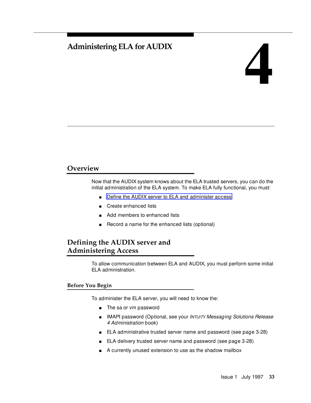 Lucent Technologies 585-310-575 manual Administering ELA for AUDIX4, Defining the Audix server Administering Access 