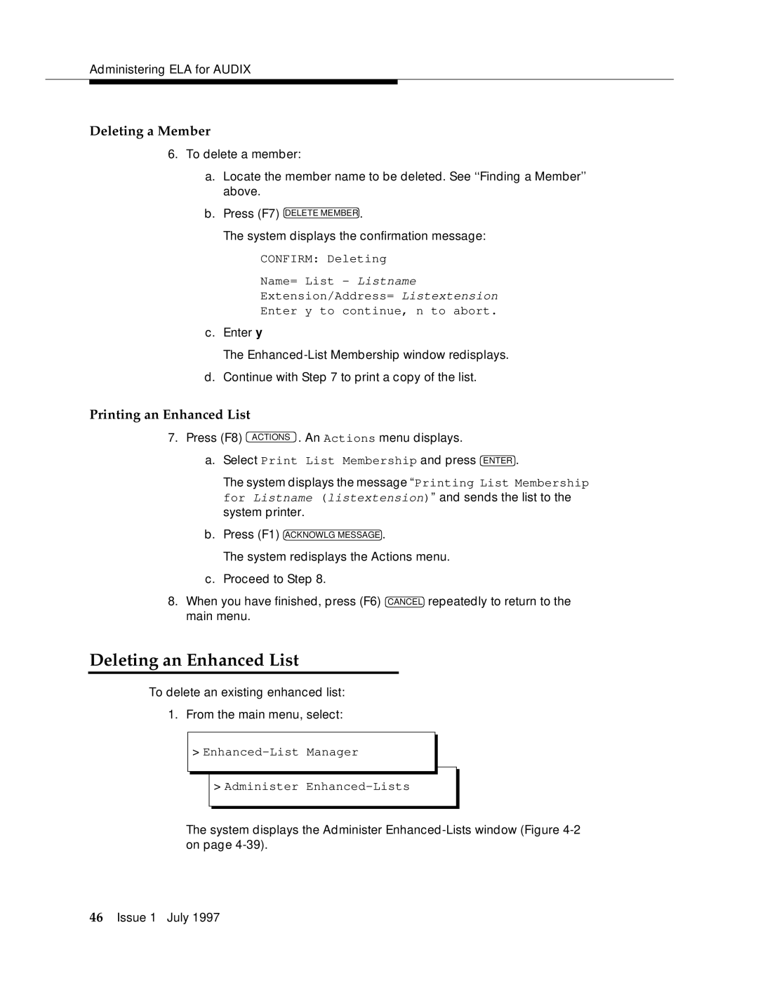 Lucent Technologies 585-310-575 manual Deleting an Enhanced List, Deleting a Member, Printing an Enhanced List 