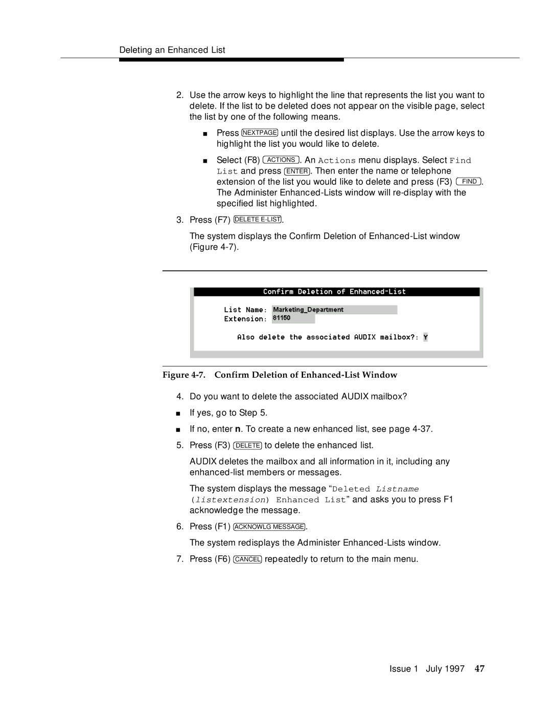 Lucent Technologies 585-310-575 manual Confirm Deletion of Enhanced-List Window 