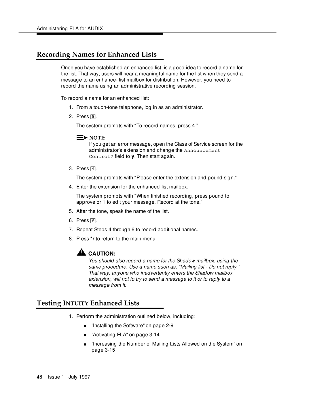 Lucent Technologies 585-310-575 manual Recording Names for Enhanced Lists, Testing Intuity Enhanced Lists 