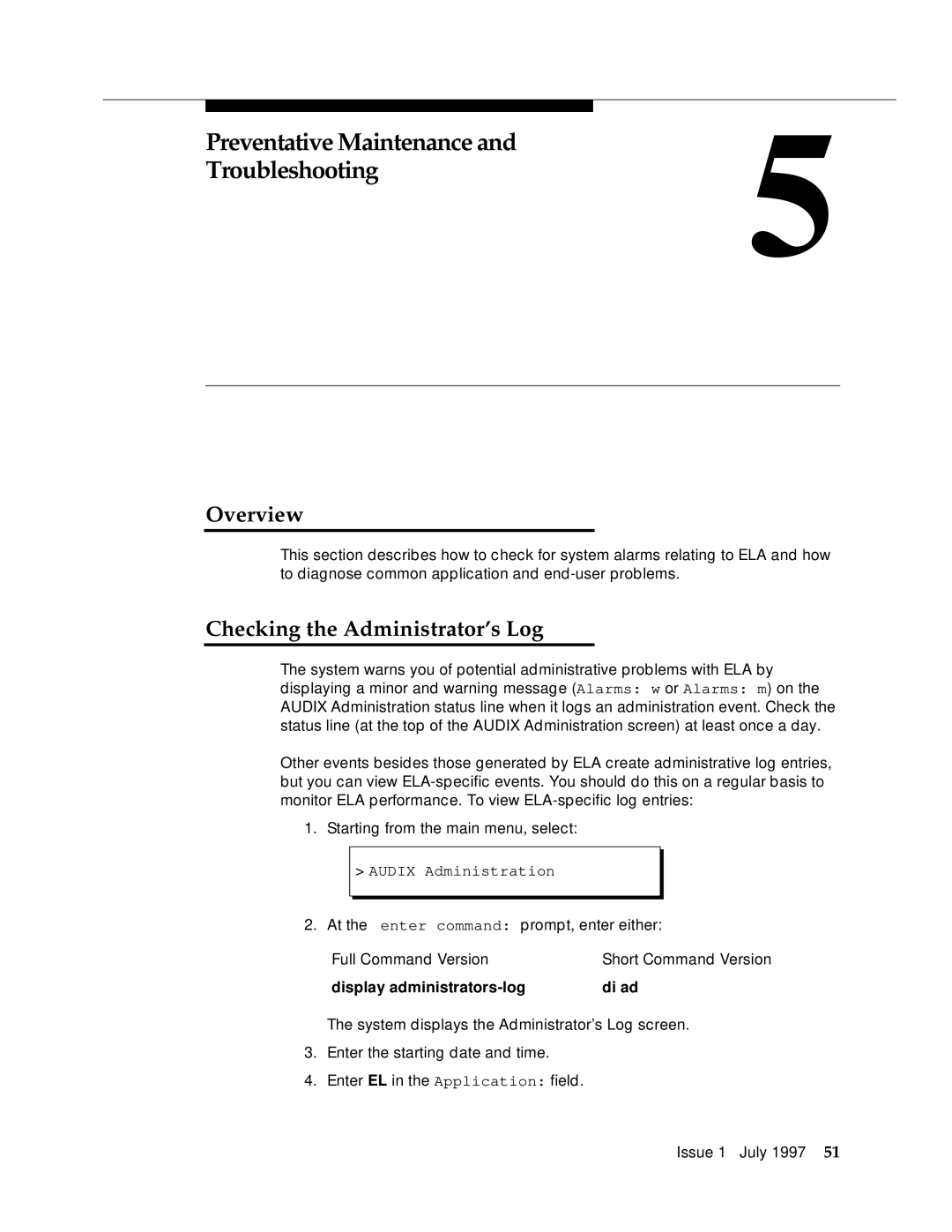 Lucent Technologies 585-310-575 manual Preventative Maintenance Troubleshooting, Checking the Administrator’s Log 