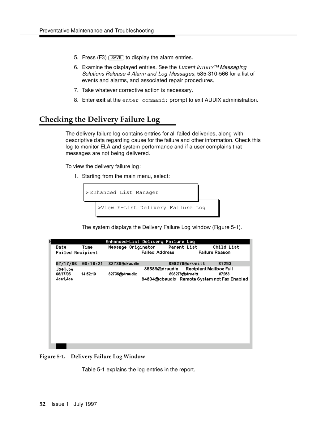 Lucent Technologies 585-310-575 manual Checking the Delivery Failure Log, Delivery Failure Log Window 