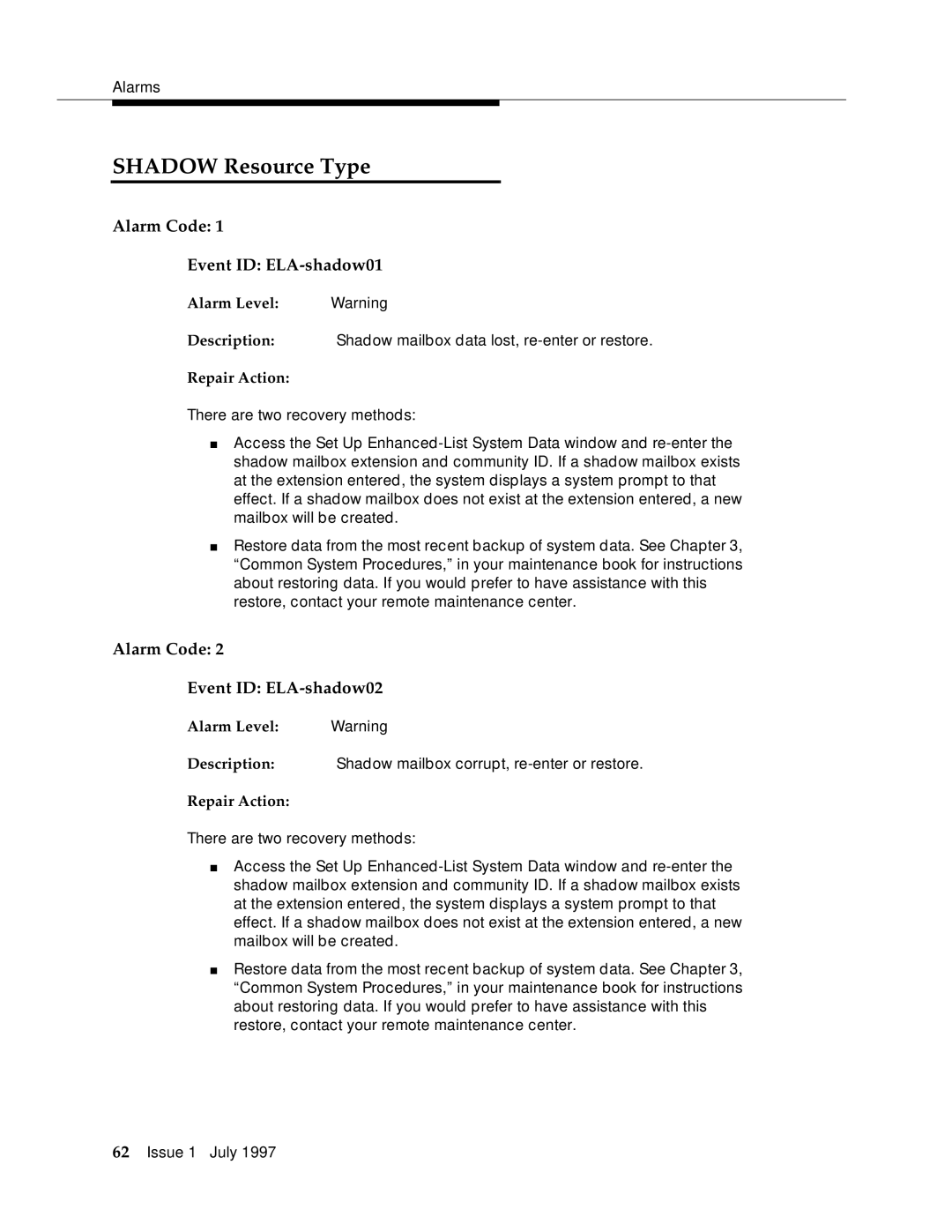 Lucent Technologies 585-310-575 Shadow Resource Type, Alarm Code Event ID ELA-shadow01, Alarm Code Event ID ELA-shadow02 