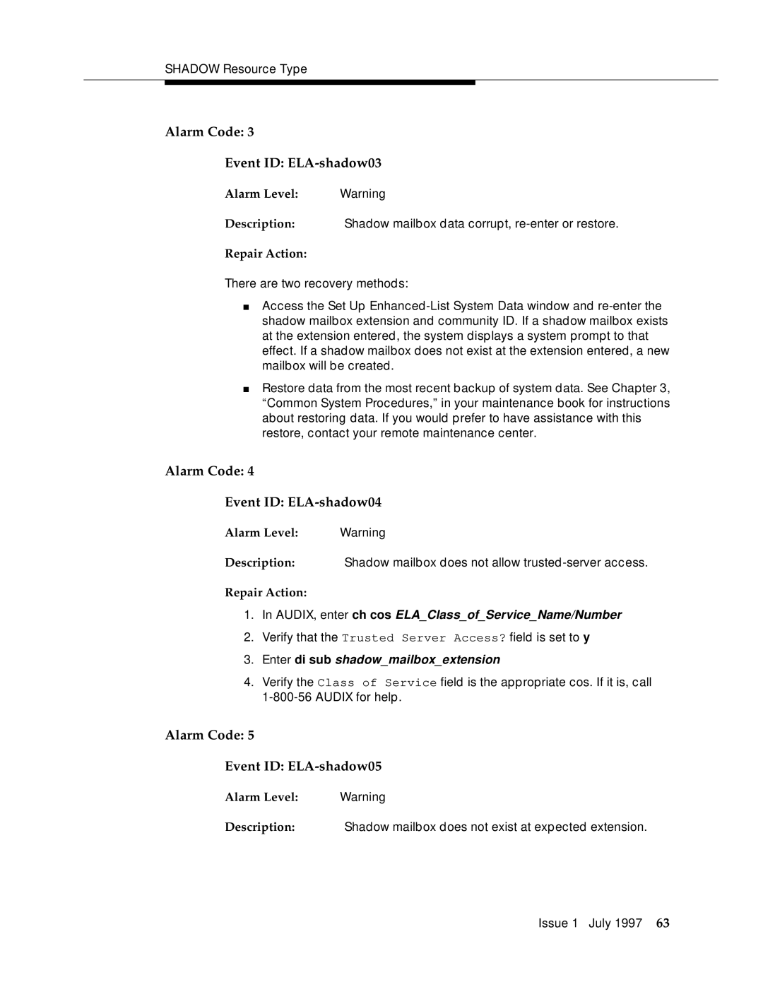 Lucent Technologies 585-310-575 manual Alarm Code Event ID ELA-shadow03, Alarm Code Event ID ELA-shadow04 