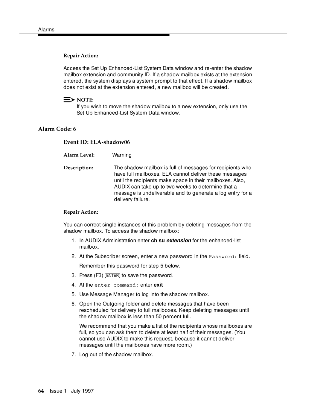 Lucent Technologies 585-310-575 manual Alarm Code Event ID ELA-shadow06 