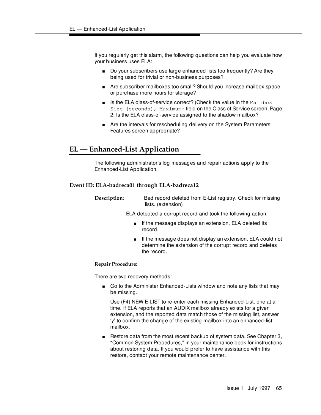 Lucent Technologies 585-310-575 manual EL Enhanced-List Application, Event ID ELA-badreca01 through ELA-badreca12 