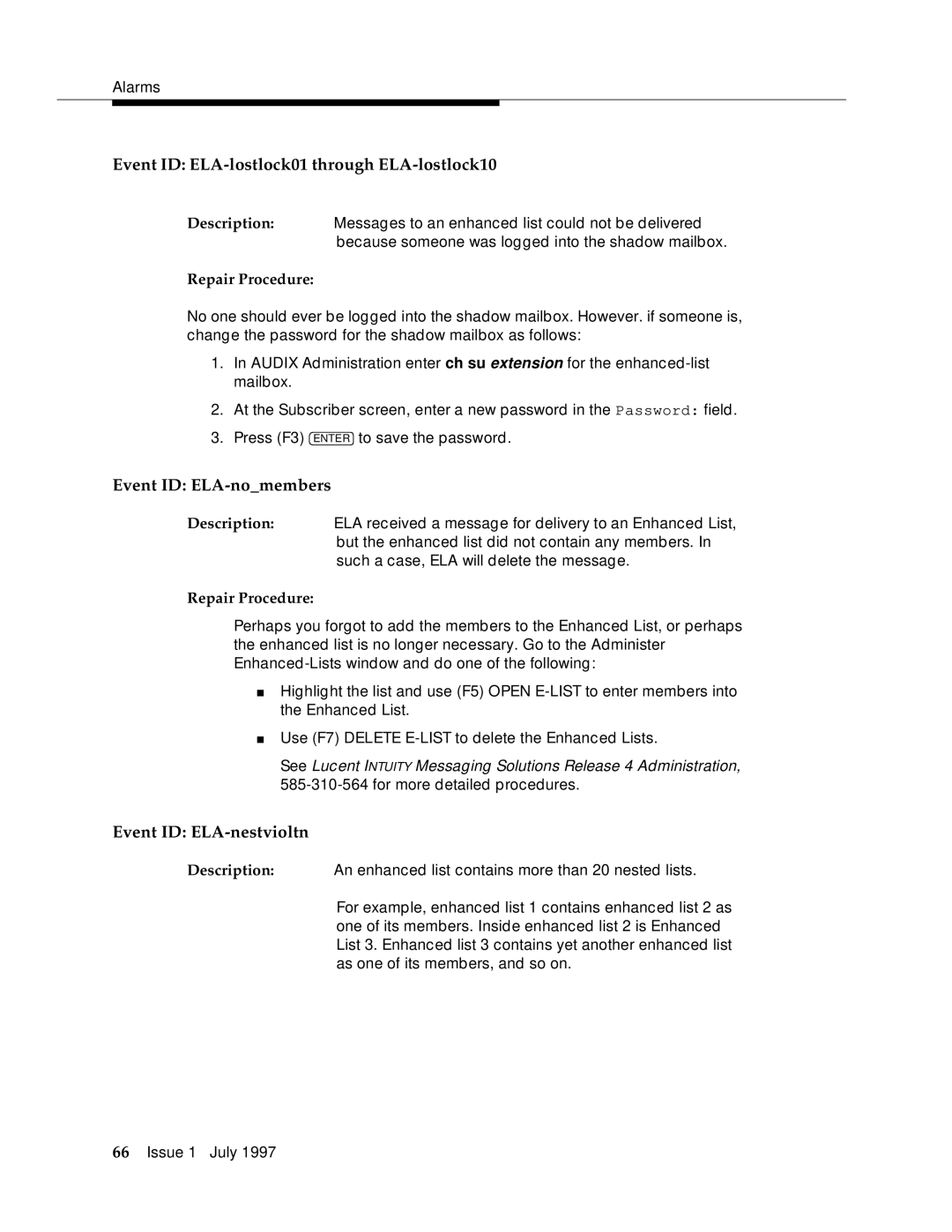 Lucent Technologies 585-310-575 manual Event ID ELA-lostlock01 through ELA-lostlock10, Event ID ELA-nomembers 