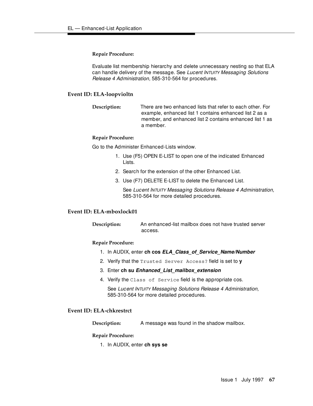 Lucent Technologies 585-310-575 manual Event ID ELA-loopvioltn, Event ID ELA-mboxlock01, Event ID ELA-chkrestrct 