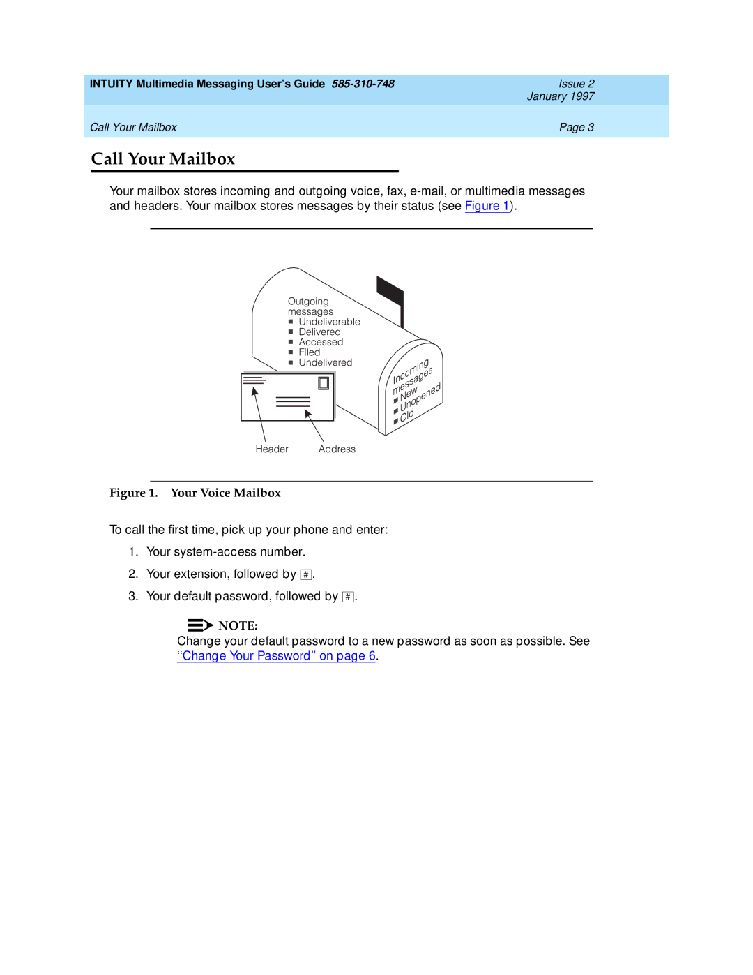 Lucent Technologies 585-310-748 manual Call Your Mailbox, Your Voice Mailbox 