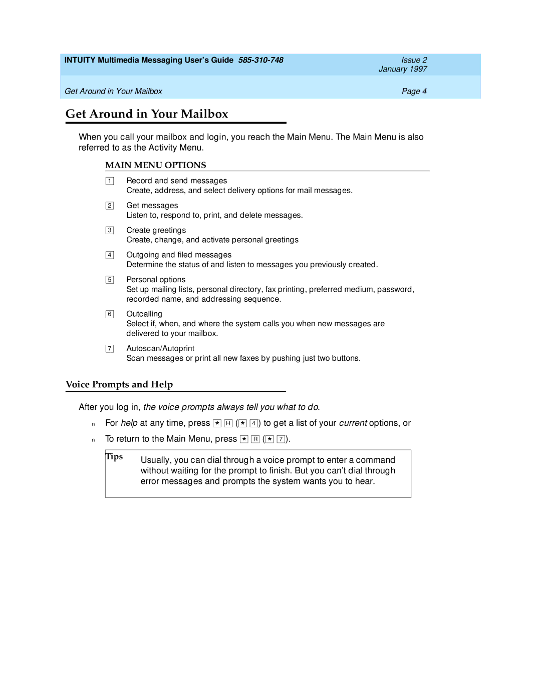 Lucent Technologies 585-310-748 manual Get Around in Your Mailbox, Voice Prompts and Help 