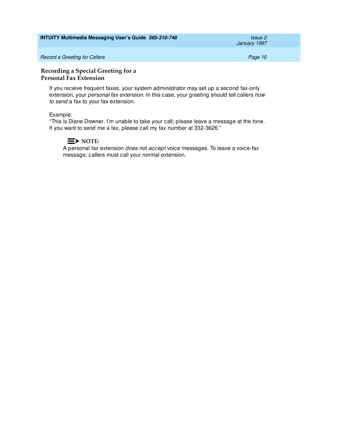 Lucent Technologies 585-310-748 manual Recording a Special Greeting for a Personal Fax Extension 