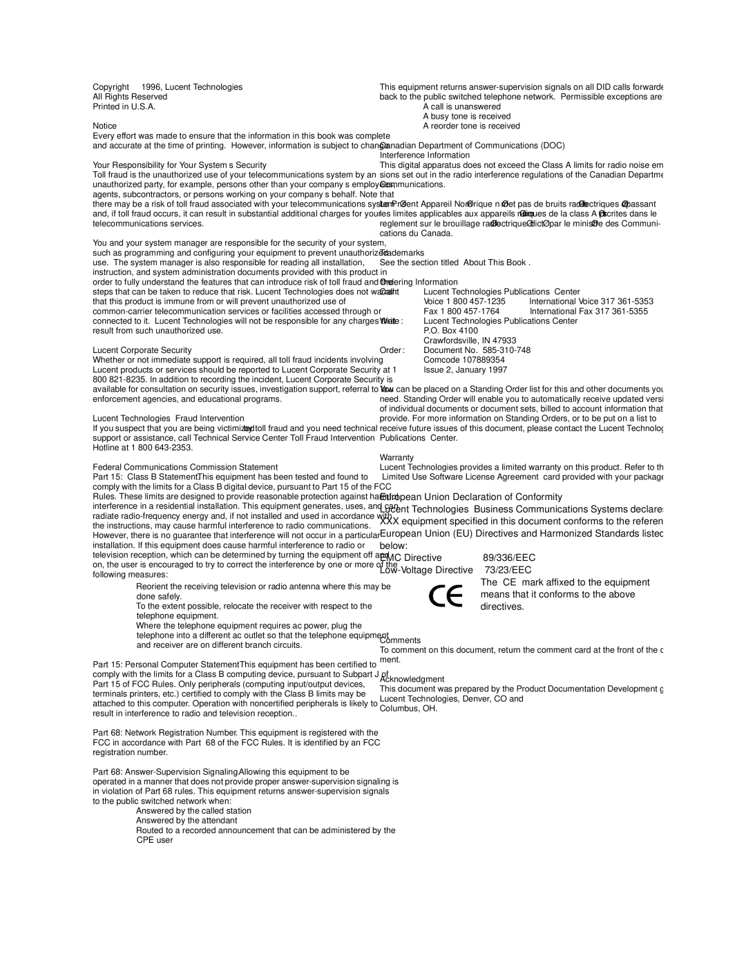 Lucent Technologies 585-310-748 manual European Union Declaration of Conformity 