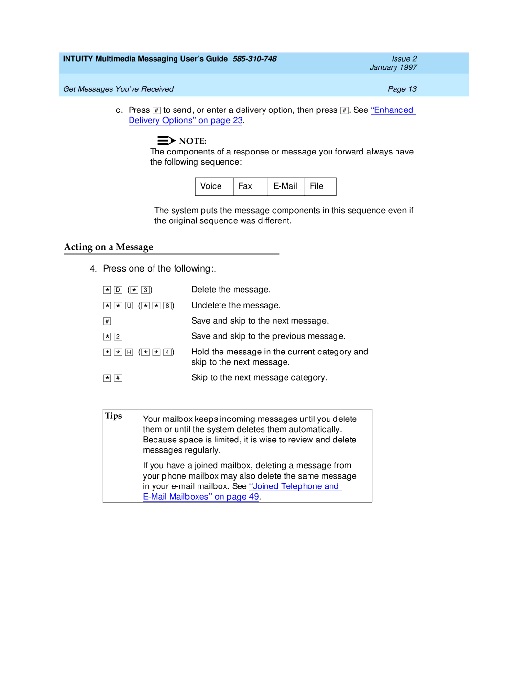 Lucent Technologies 585-310-748 manual Acting on a Message, # . See ‘‘Enhanced 