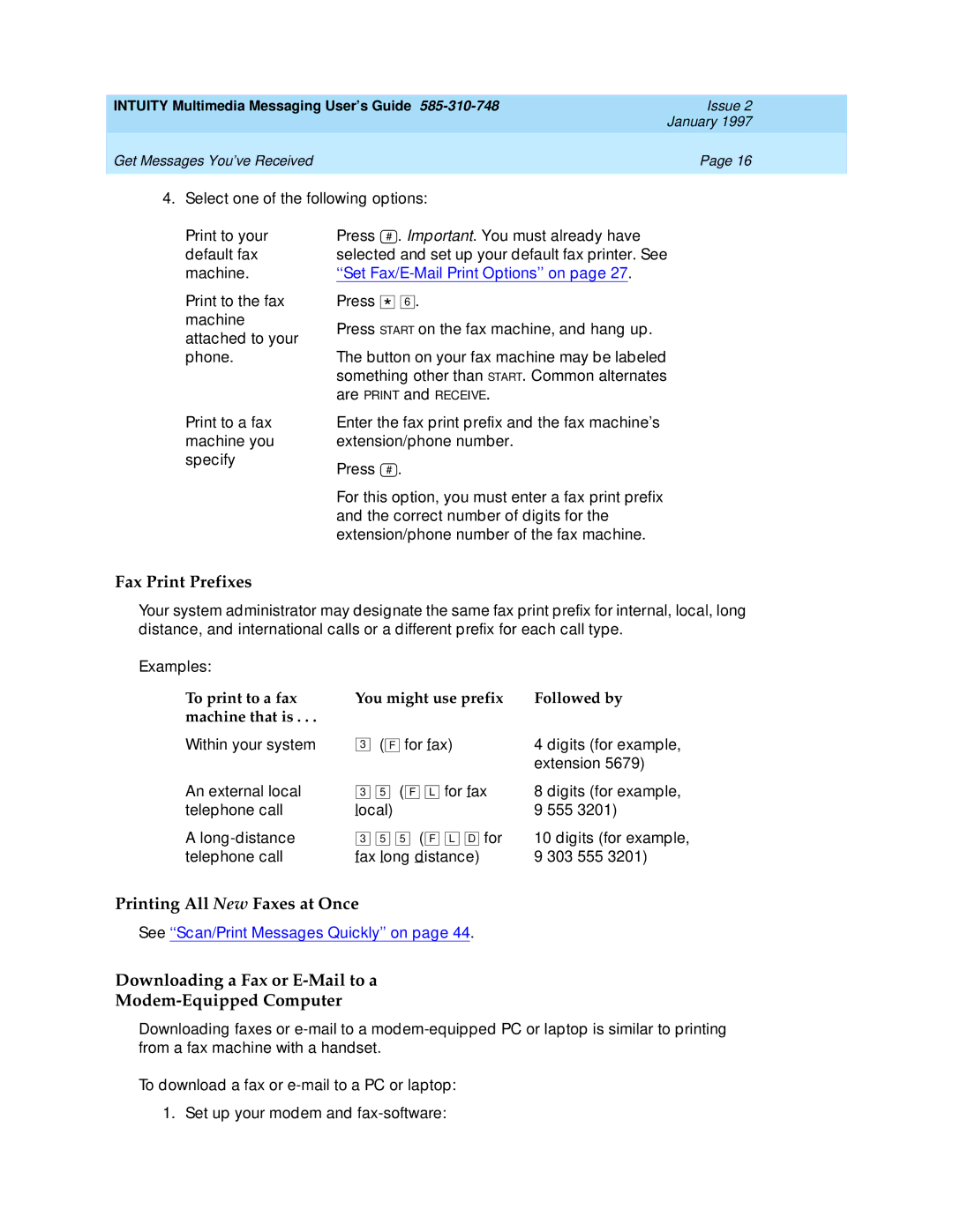 Lucent Technologies 585-310-748 manual Fax Print Prefixes, Printing All New Faxes at Once 