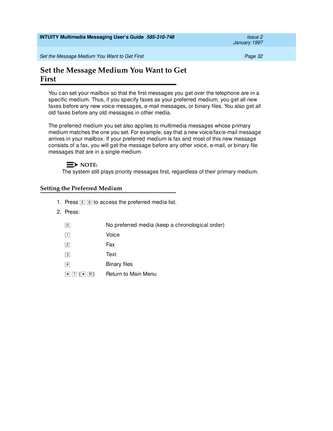 Lucent Technologies 585-310-748 manual Set the Message Medium You Want to Get First, Setting the Preferred Medium 