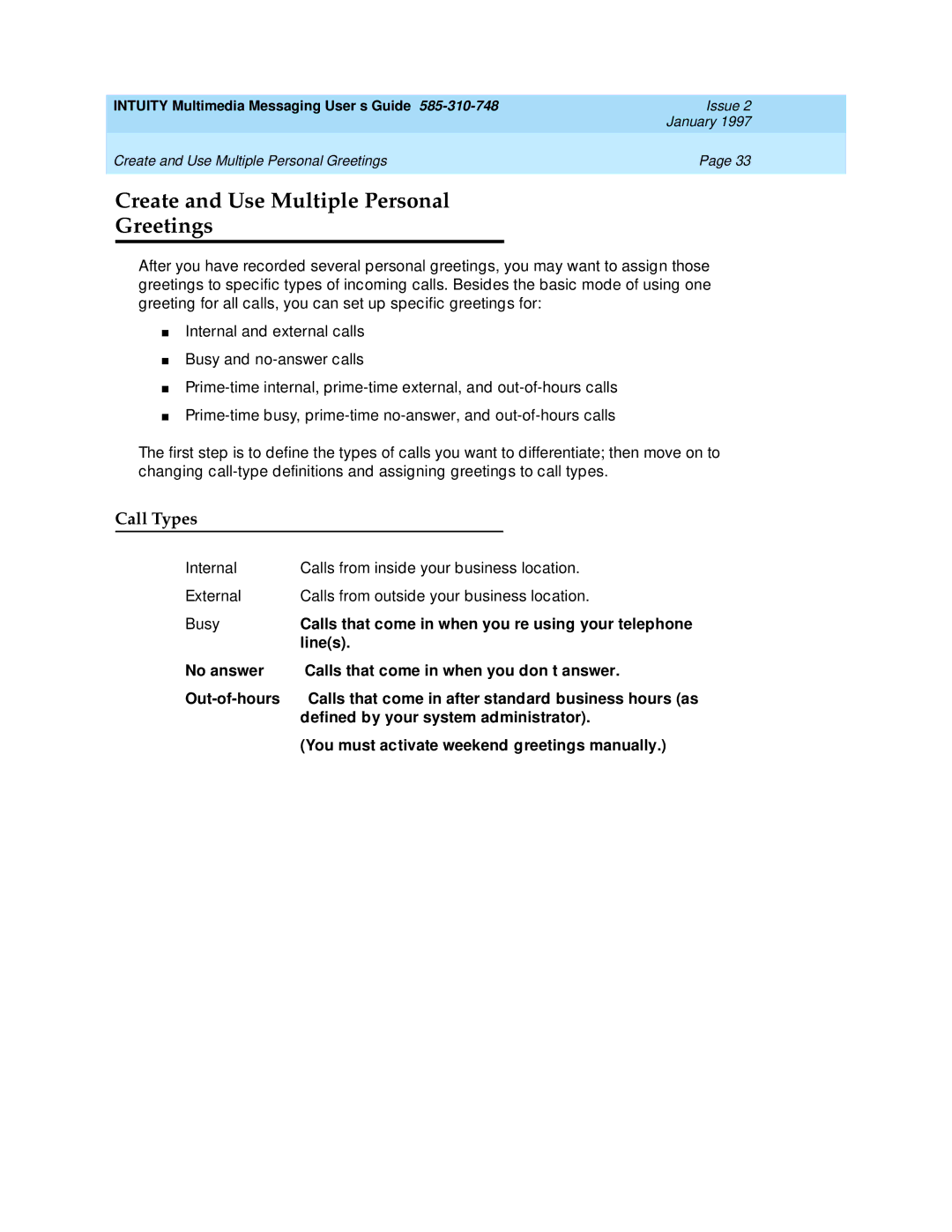 Lucent Technologies 585-310-748 manual Create and Use Multiple Personal Greetings, Call Types 