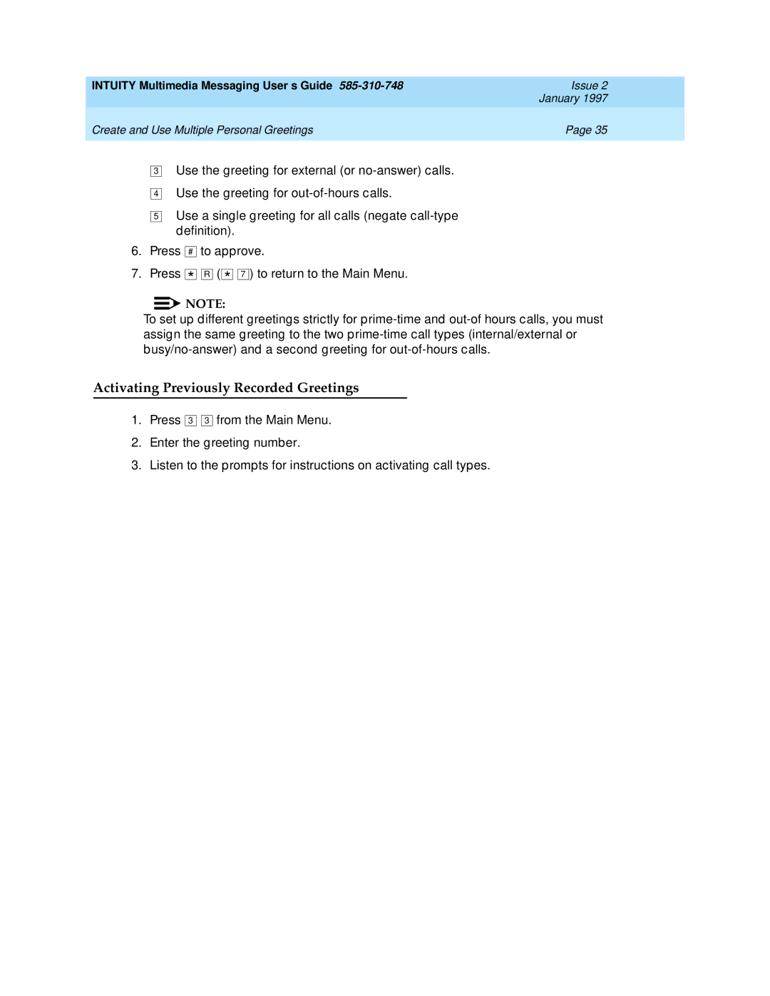 Lucent Technologies 585-310-748 manual Activating Previously Recorded Greetings 