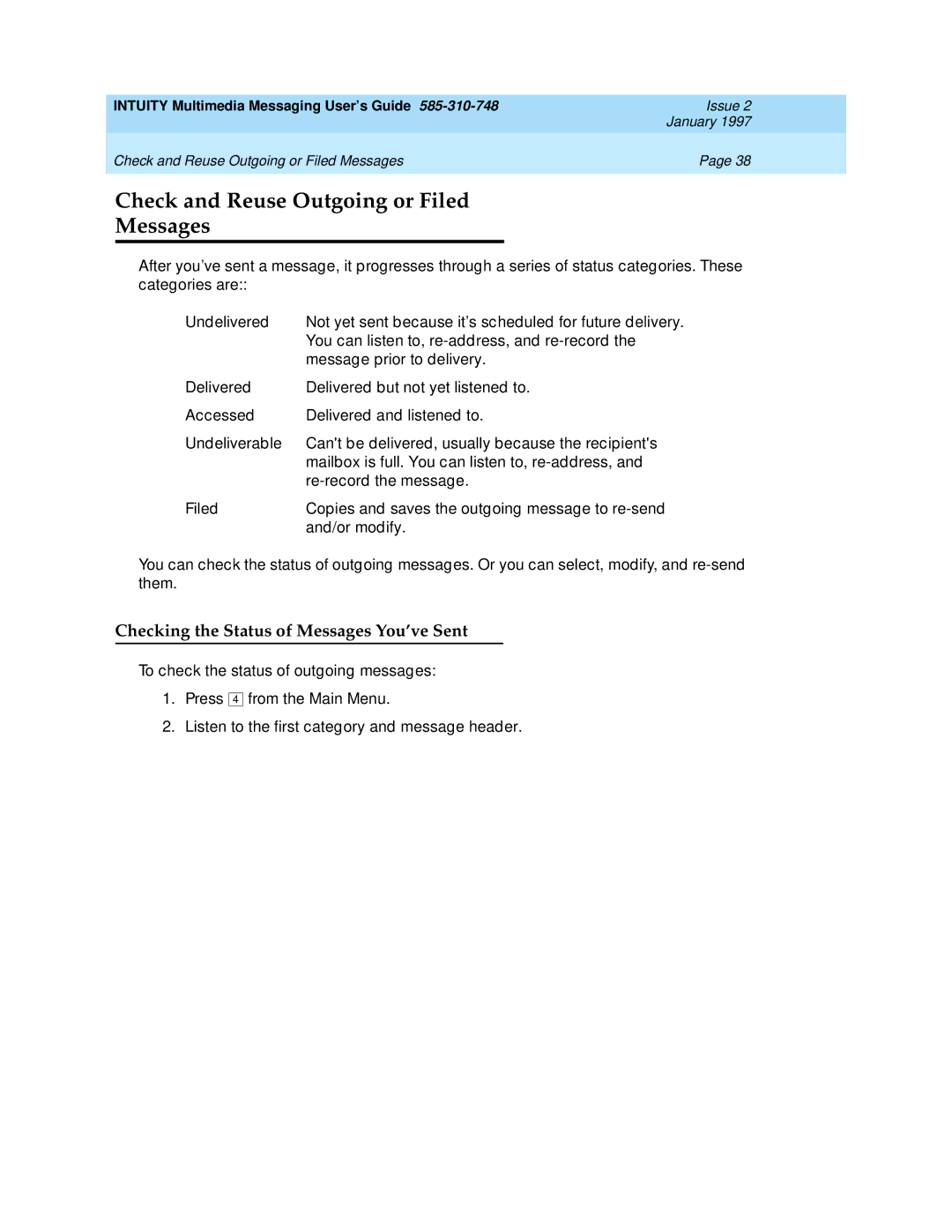 Lucent Technologies 585-310-748 Check and Reuse Outgoing or Filed Messages, Checking the Status of Messages You’ve Sent 