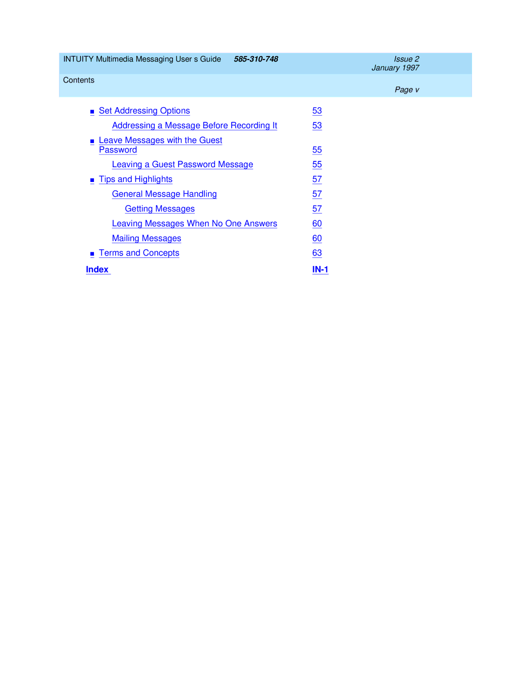 Lucent Technologies 585-310-748 manual Index IN-1 