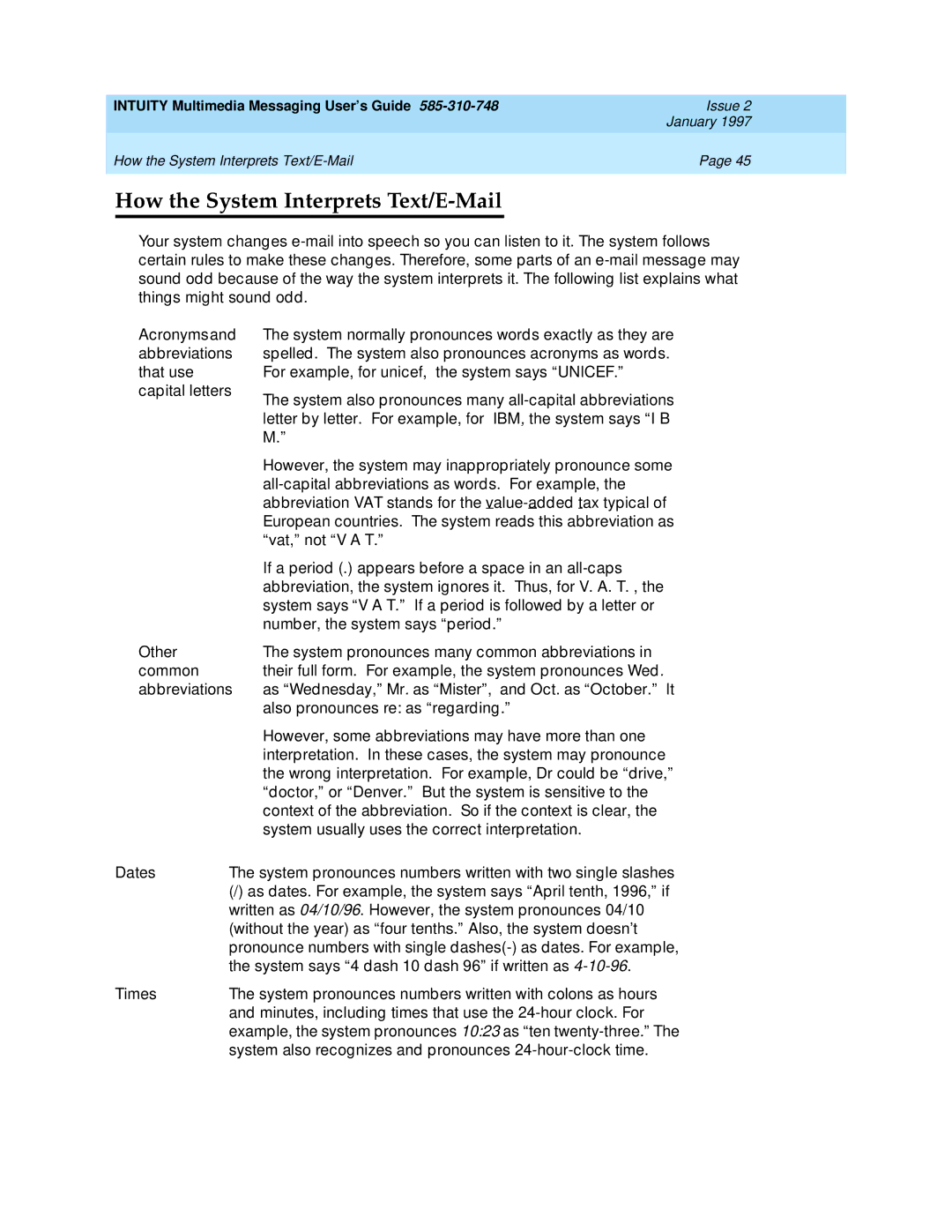 Lucent Technologies 585-310-748 manual How the System Interprets Text/E-Mail 