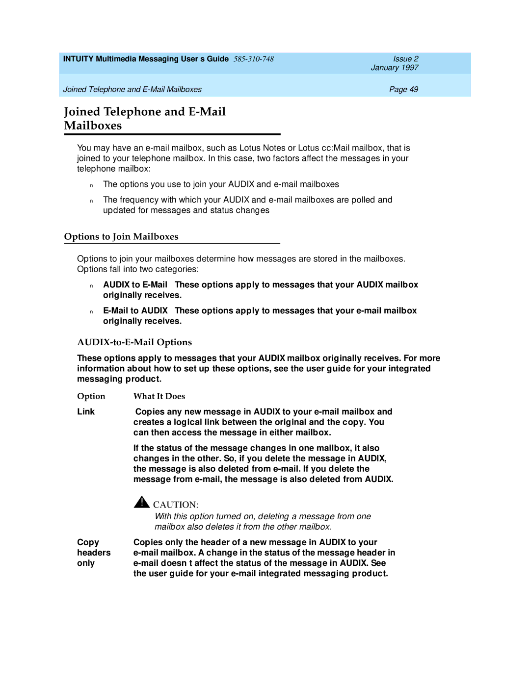 Lucent Technologies 585-310-748 Joined Telephone and E-Mail Mailboxes, Options to Join Mailboxes, AUDIX-to-E-Mail Options 