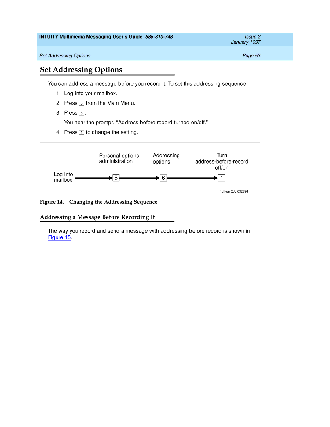 Lucent Technologies 585-310-748 manual Set Addressing Options, Addressing a Message Before Recording It 