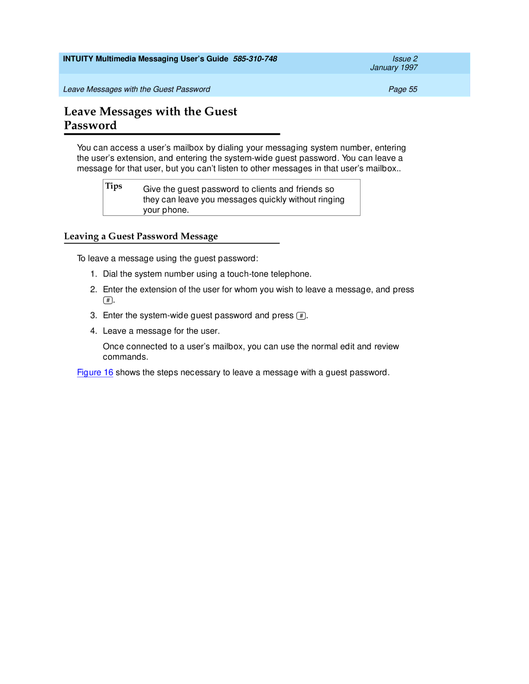 Lucent Technologies 585-310-748 manual Leave Messages with the Guest Password, Leaving a Guest Password Message 