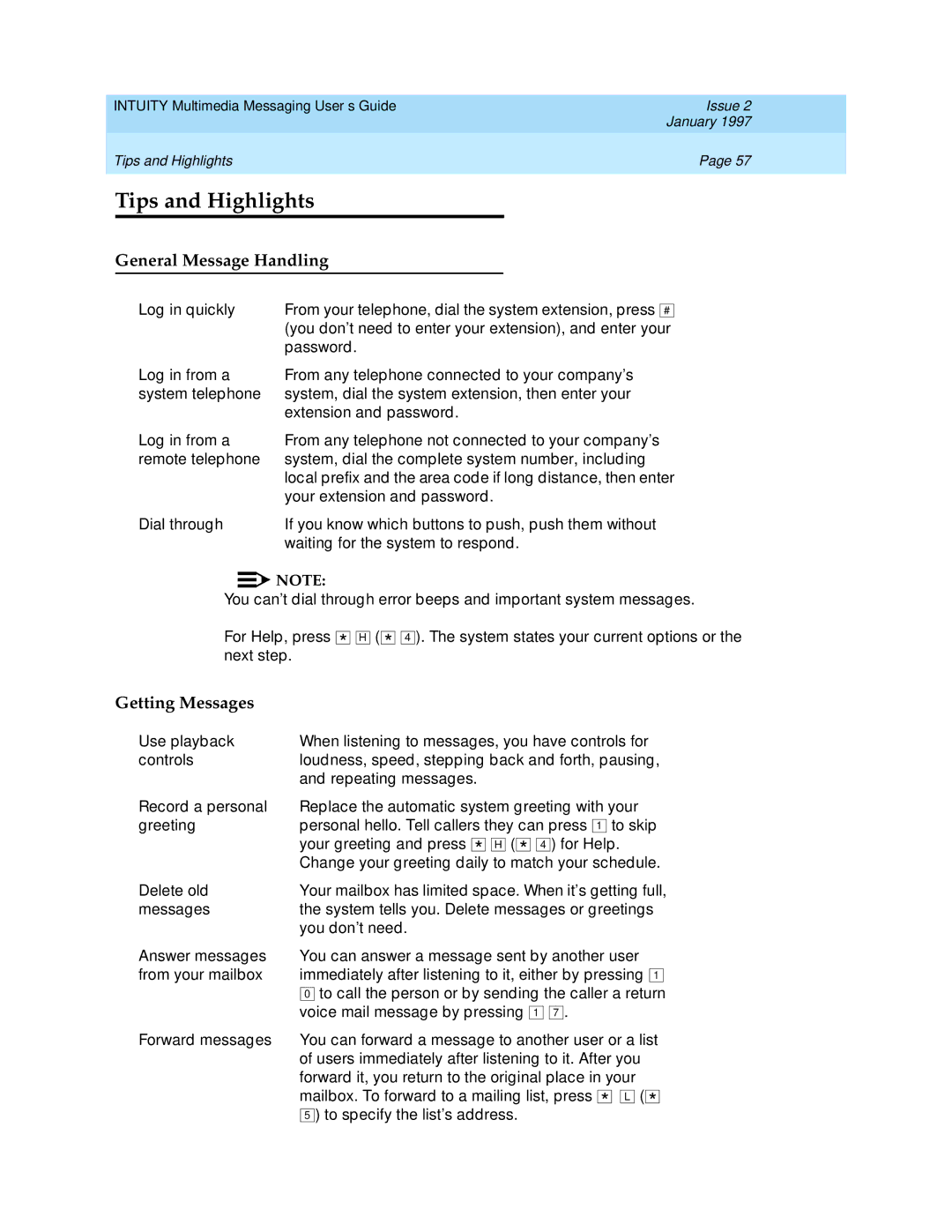 Lucent Technologies 585-310-748 manual Tips and Highlights, General Message Handling, Getting Messages 