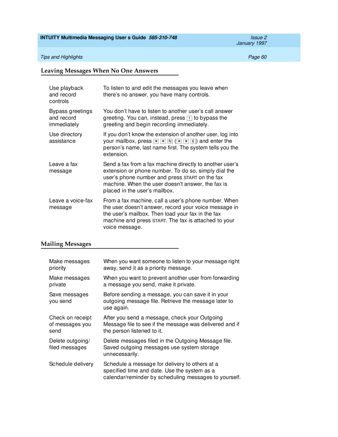 Lucent Technologies 585-310-748 manual Leaving Messages When No One Answers, Mailing Messages 