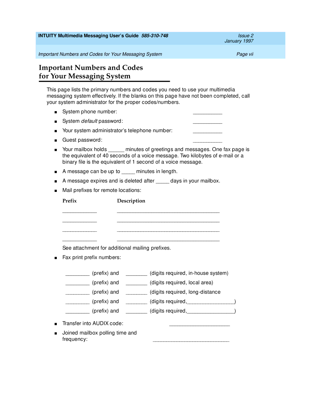 Lucent Technologies 585-310-748 manual Important Numbers and Codes for Your Messaging System, PrefixDescription 