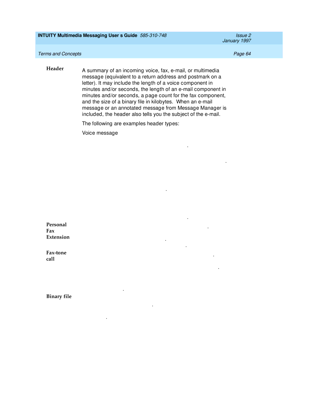 Lucent Technologies 585-310-748 manual Header Personal Fax Extension Fax-tone call Binary file 