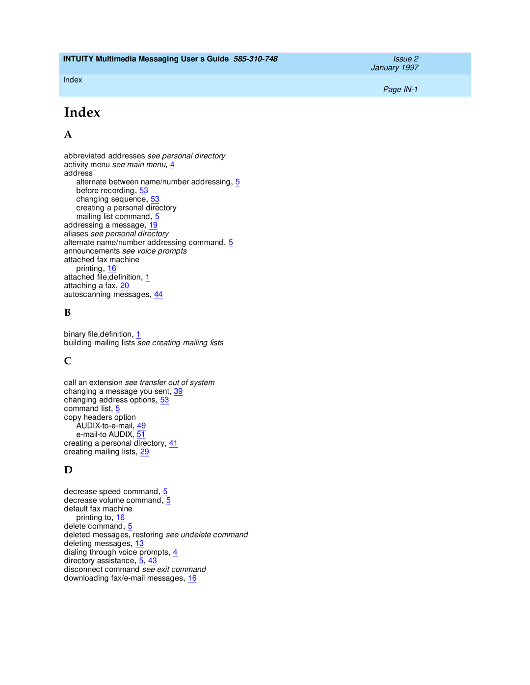 Lucent Technologies 585-310-748 manual Index 