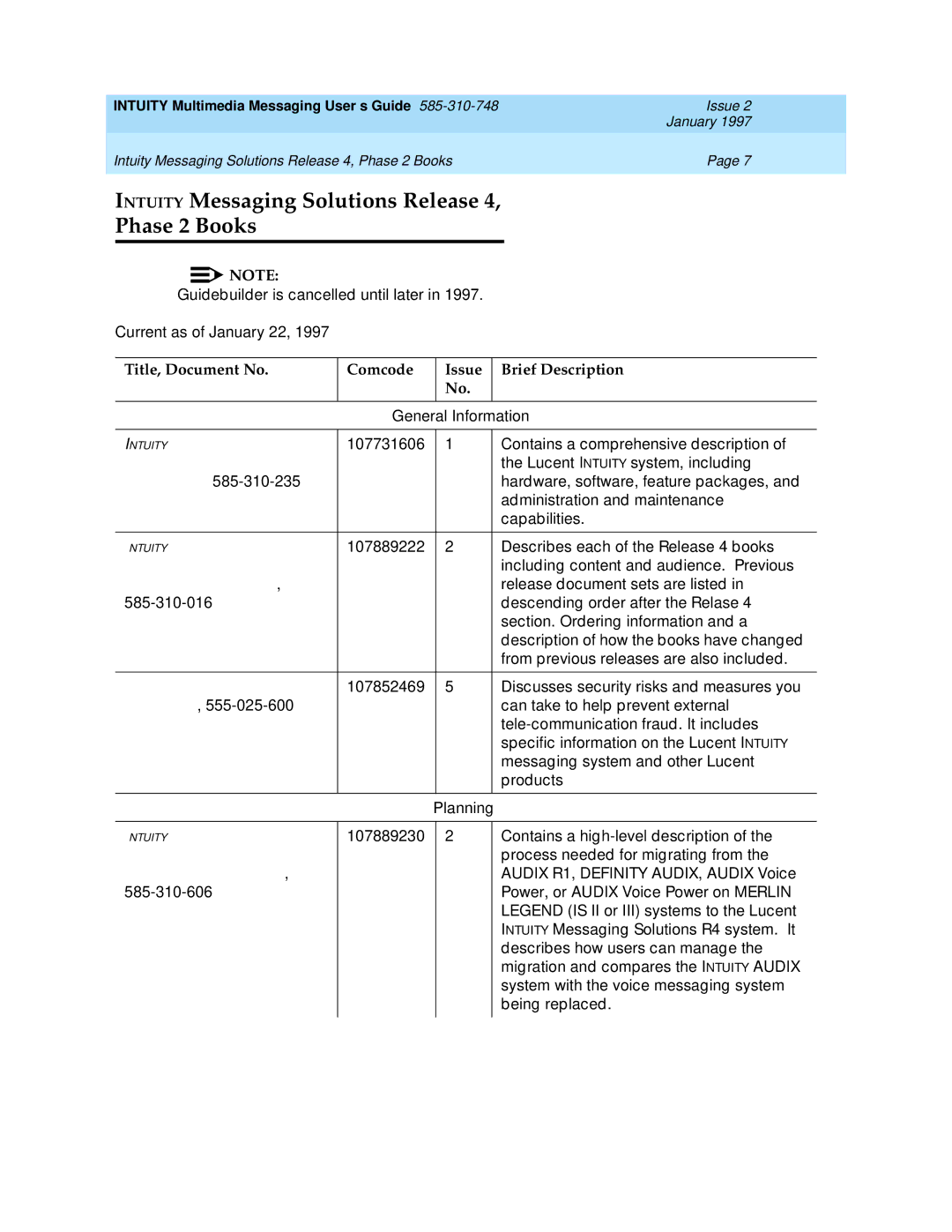 Lucent Technologies 585-310-748 manual Intuity Messaging Solutions Release Phase 2 Books 