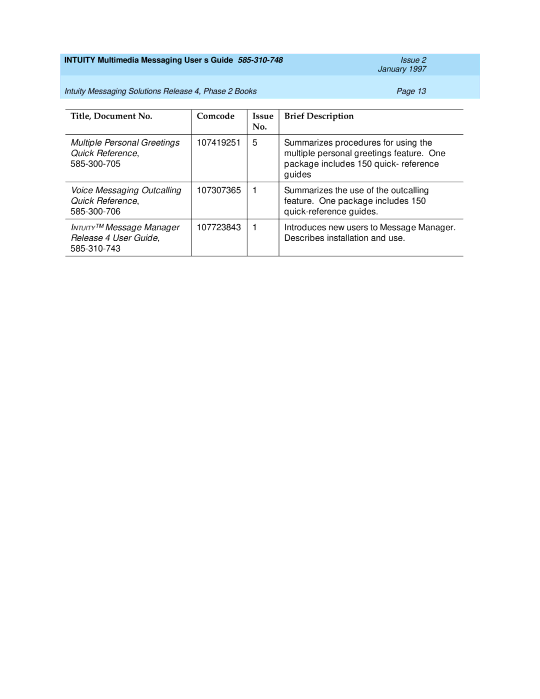 Lucent Technologies 585-310-748 manual Title, Document No Comcode Issue Brief Description 