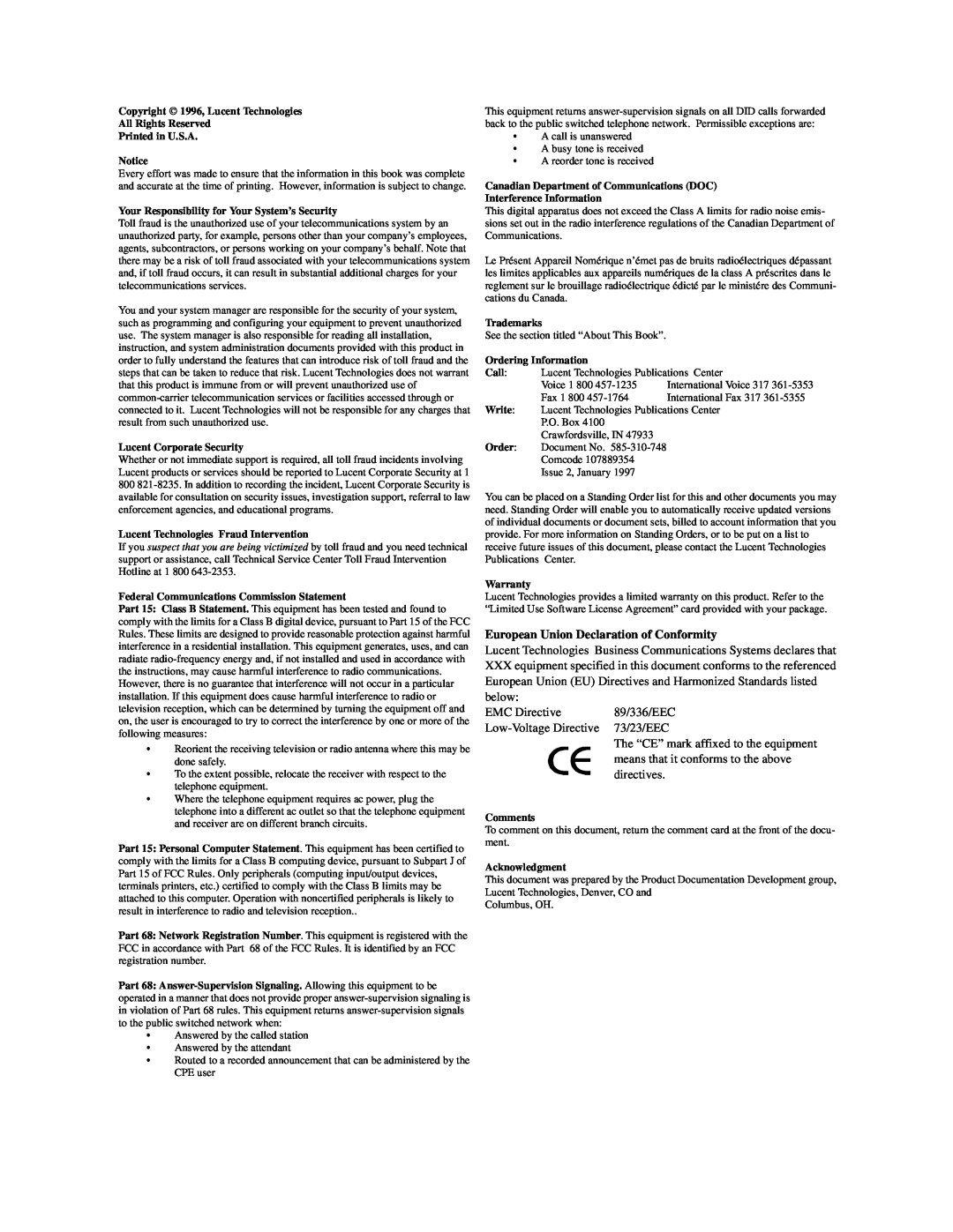 Lucent Technologies 585-310-748 manual European Union Declaration of Conformity, EMC Directive Low-VoltageDirective 