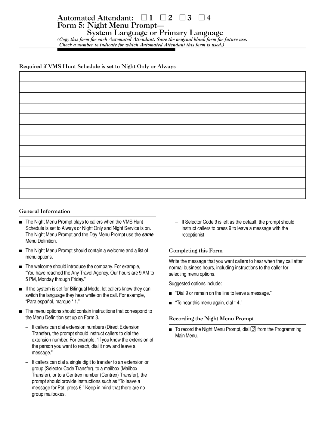 Lucent Technologies 585-322-533 manual Recording the Night Menu Prompt 