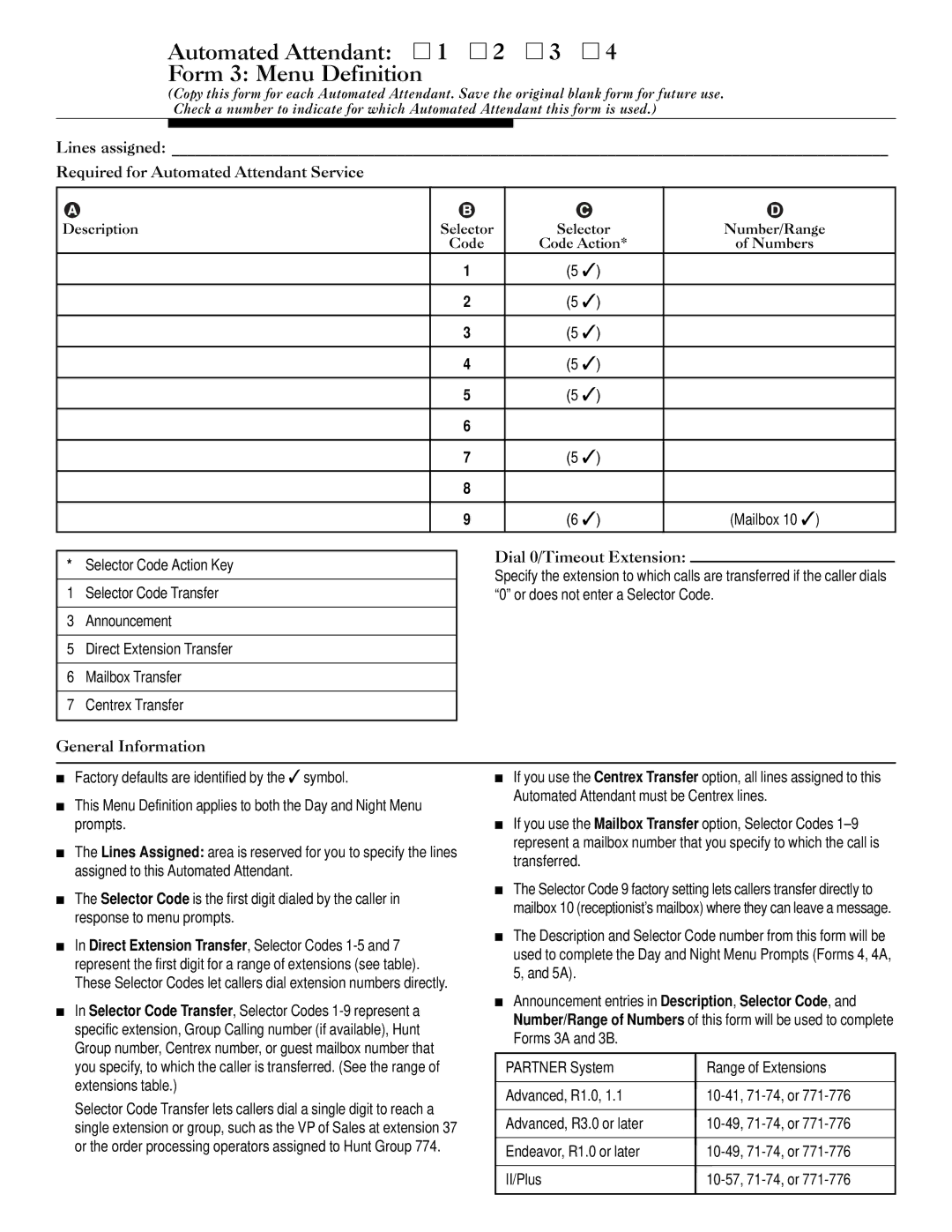 Lucent Technologies 585-322-533 manual Automated Attendant 1 2 3 Form 3 Menu Definition, Dial 0/Timeout Extension 