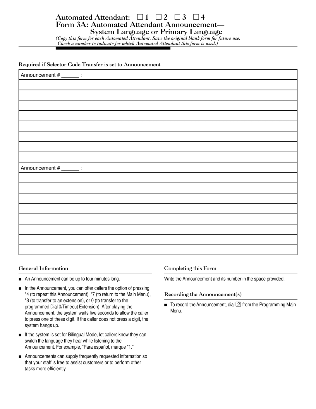 Lucent Technologies 585-322-533 manual Required if Selector Code Transfer is set to Announcement, Announcement # 