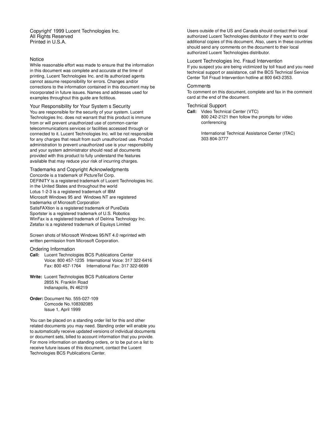 Lucent Technologies 6 manual Copyright 1999 Lucent Technologies Inc All Rights Reserved 