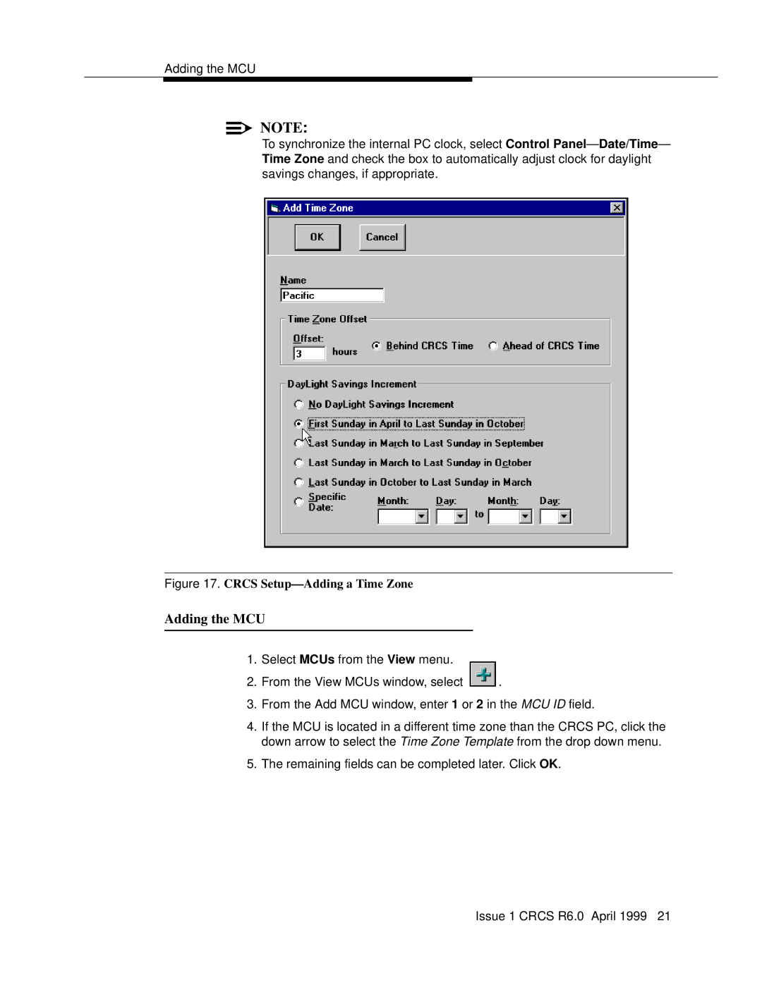 Lucent Technologies 6 manual Adding the MCU, Crcs Setup-Adding a Time Zone 