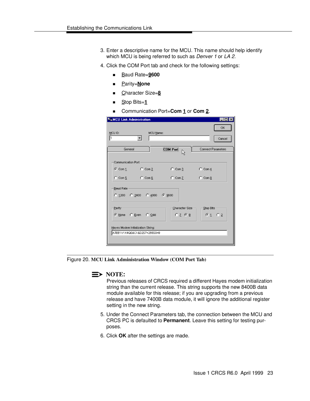 Lucent Technologies 6 manual MCU Link Administration Window COM Port Tab 