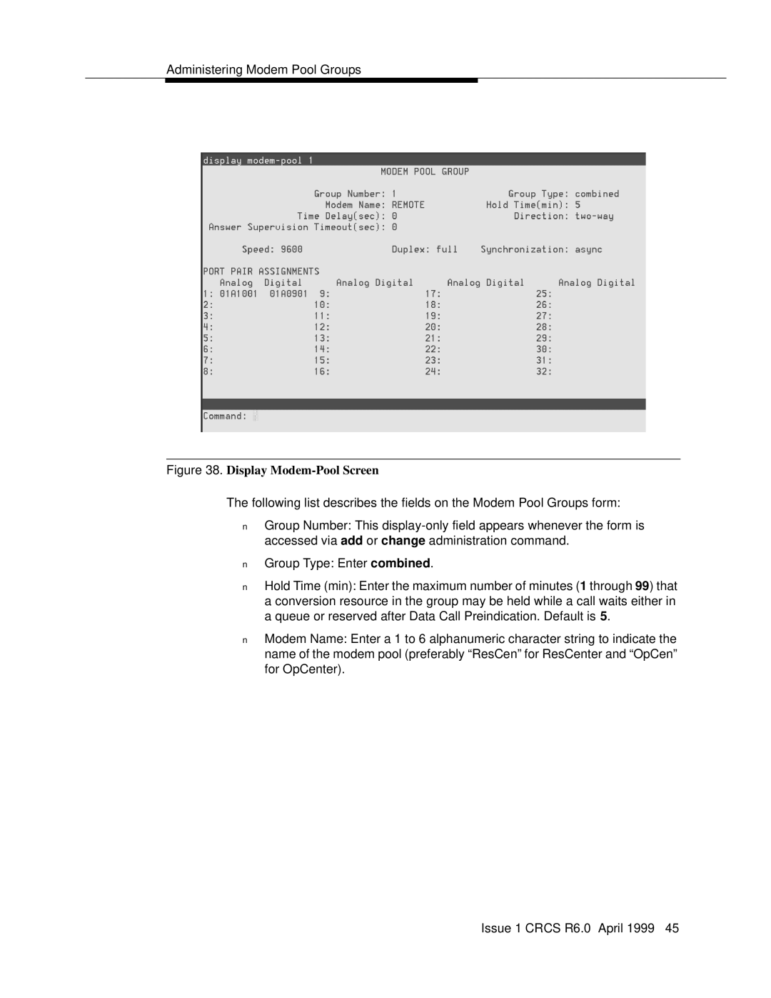 Lucent Technologies 6 manual Display Modem-Pool Screen 